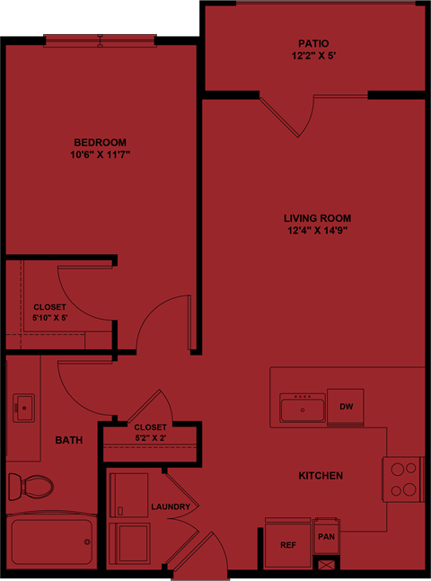 Floor plan for 1 bed, 1 bath, 673 sqft